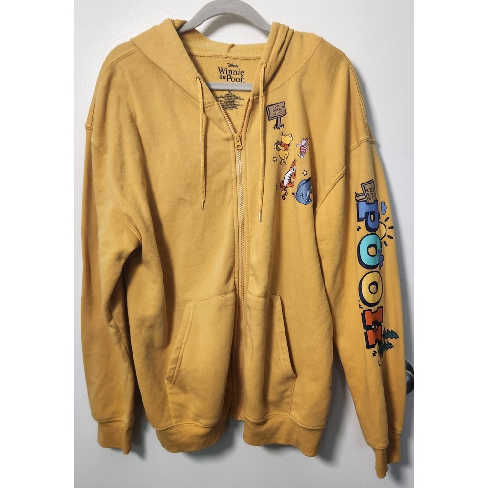 Disney Winnie the Pooh Full Zip Hoodie Women's XL Graphic Spellout Yellow Pocket